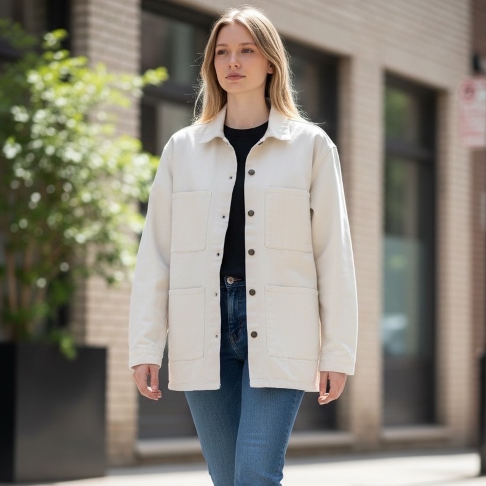 Reformation White Repurposed Denim Chore Jacket Shacket One Size Made in USA